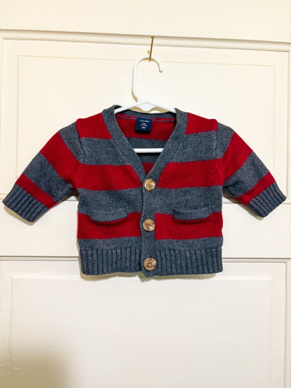 Red and Gray Striped Baby Sweater (0-3M)